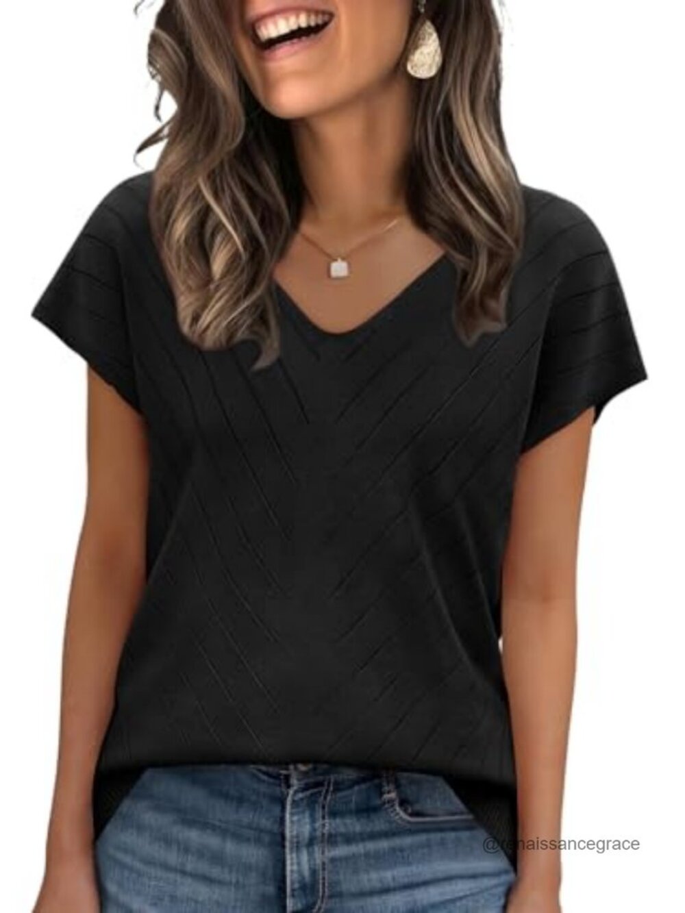 WIHOLL V-Neck Cap Sleeve Pullover Sweater Women Ribbed Knit